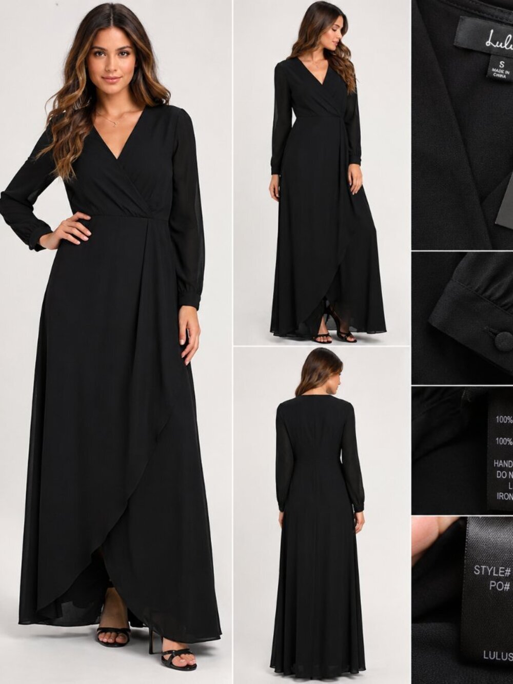 NWT Lulu's Black Long Sleeve Faux Wrap Maxi Dress Women's Size S Elegant Formal.